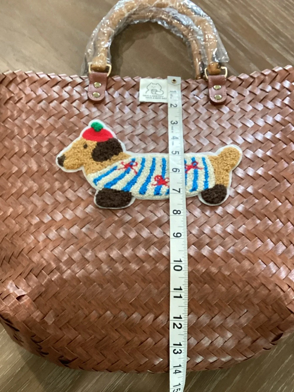 Woven Brown Tote with Dachshund Patch